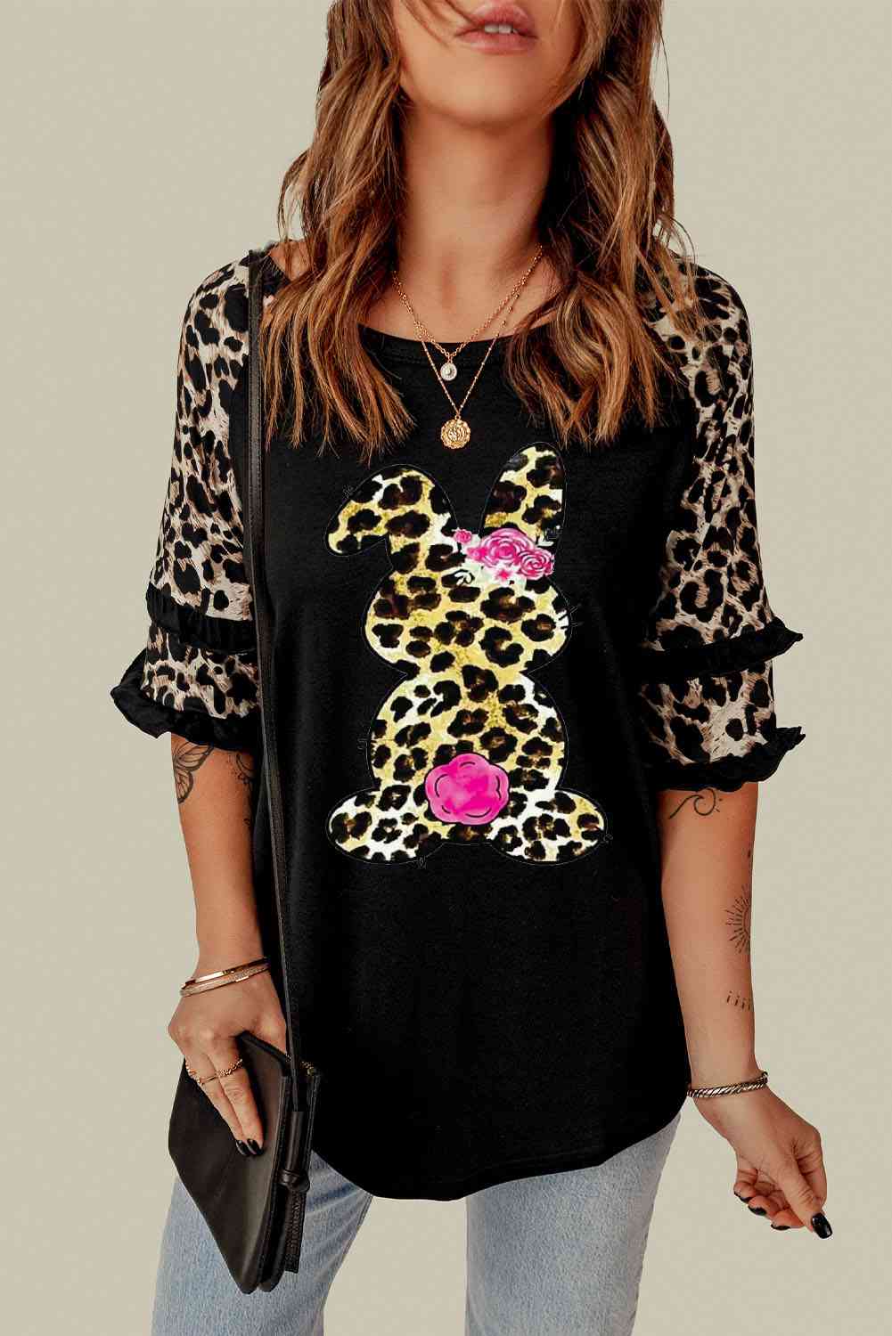 Easter Leopard Frill Trim Half-Sleeve Top - T - 1 COLOR -