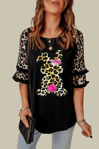 Thumbnail for Easter Leopard Frill Trim Half-Sleeve Top - T - 1 COLOR -