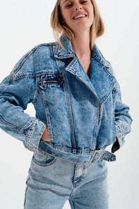 Thumbnail for Q2 - Asymmetric Biker Jacket in Light Wash Blue - 1 COLOR -