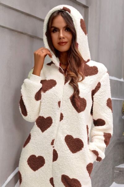 Fuzzy Heart Zip Up Hooded Lounge Jumpsuit - T - 3 COLORS -