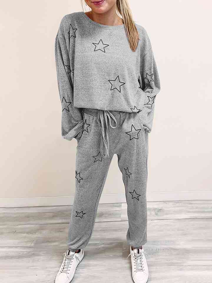 Star Print Long Sleeve Top and Pants Lounge Set - T - 1 COLOR -