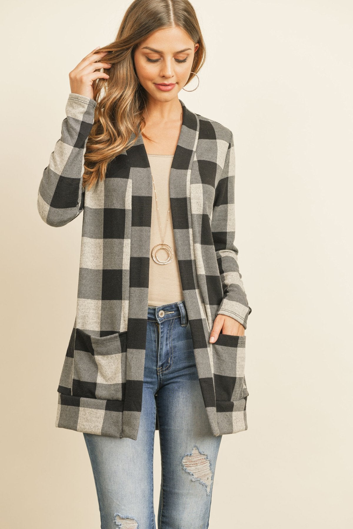 Riah Fashion - Plaid Long Sleeved Front Pocket Open Cardigan - 3 COLORS -