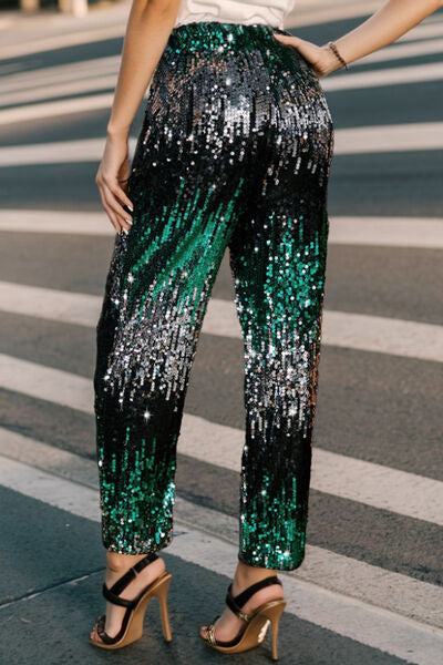 Sequin Contrast High Waist Pants - T - 3 COLORS -