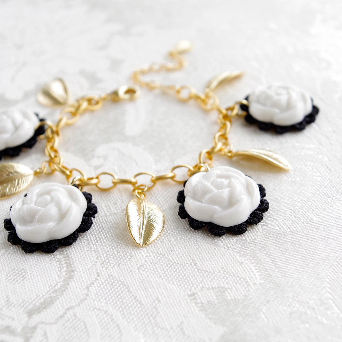 Porcelain Camellias and Golden Leaves Bracelet -