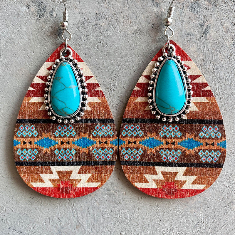 Turquoise Teardrop Shape Wooden Dangle Earrings - T - 3 STYLES -