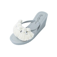 Thumbnail for SAND BY SAYA N.Y. - White Pom Pom Fringe - Women's High Wedge - 3 COLORS -