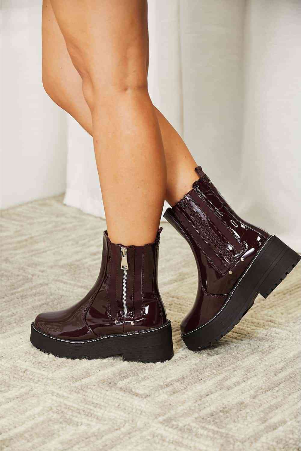 Faux Patent Leather Forever Link Side Zip Platform Boots - T - 1 COLOR -