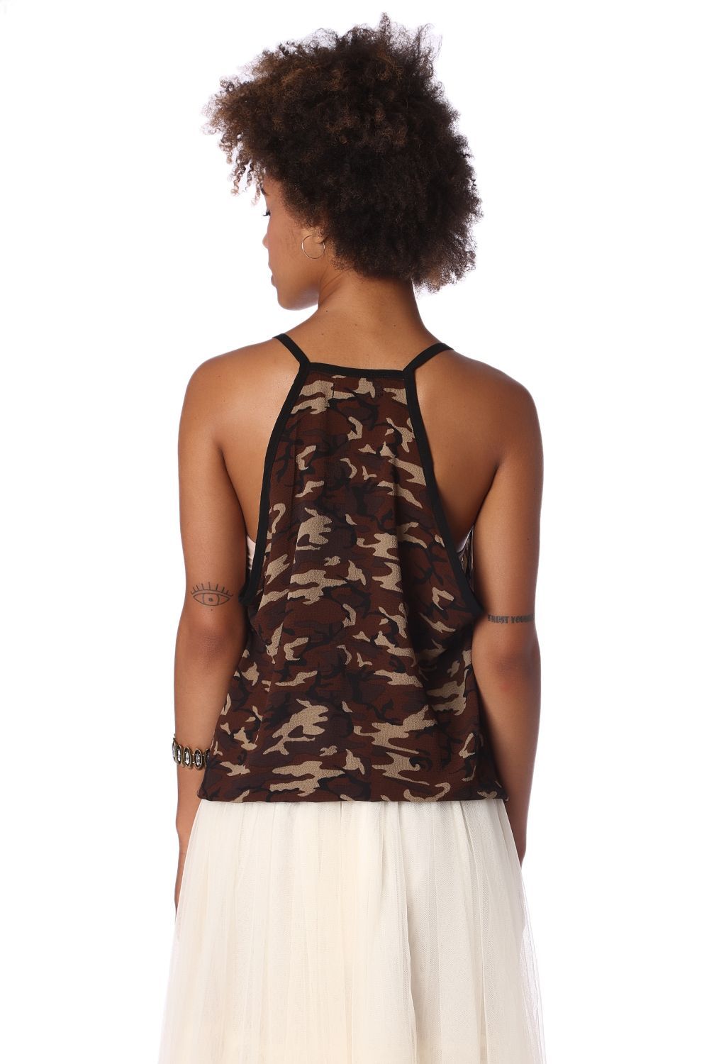 Q2 - Brown Camo Print Dip Hem Top - 1 COLOR -