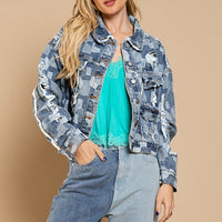 Thumbnail for Plaid Denim - Raw Hem Dropped Shoulder Denim Jacket - T - 1 COLOR -