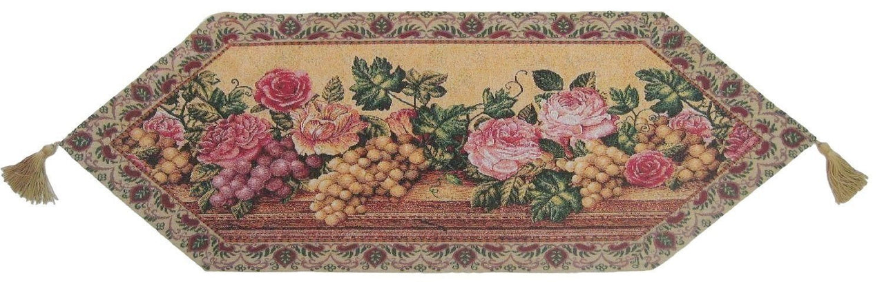 Rackandrefurbished - Romantic Parade of Fruit and Roses Floral Beige Pink Woven Place Mat Table Runners Cloths - 5 SIZES -