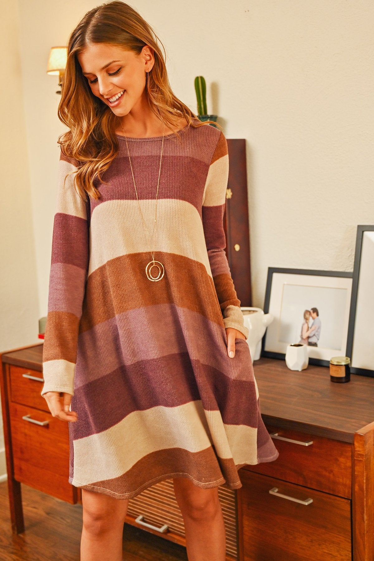 Riah Fashion - Long Sleeved Rib Stripe Pocket Dress - 3 COLORS -