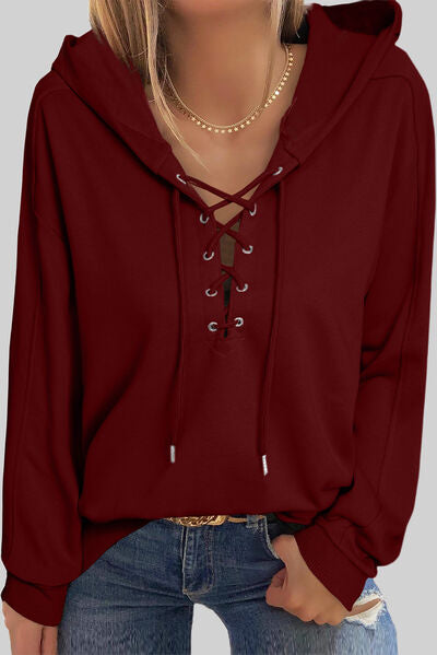 Lace-Up Dropped Shoulder Hoodie - T - 8 COLORS -