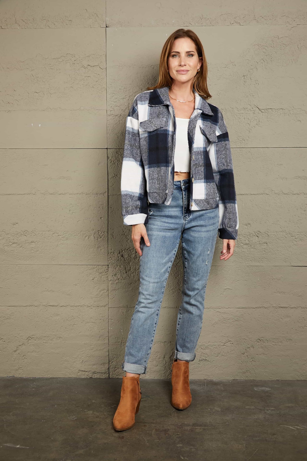 Double Take Plaid Button Front Dropped Shoulder Collared Jacket - T - 2 COLORS -