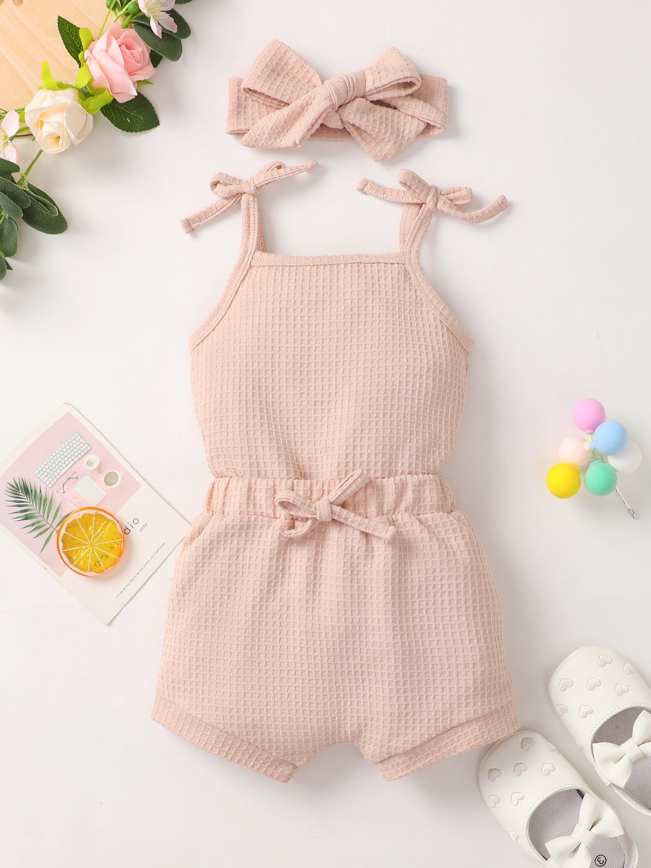 Baby Girl Waffle-Knit Tie-Shoulder Top and Shorts Set with Headband - 3 PCS - T - 2 COLORS -