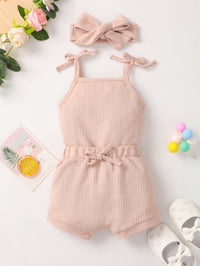 Thumbnail for Baby Girl Waffle-Knit Tie-Shoulder Top and Shorts Set with Headband - 3 PCS - T - 2 COLORS -