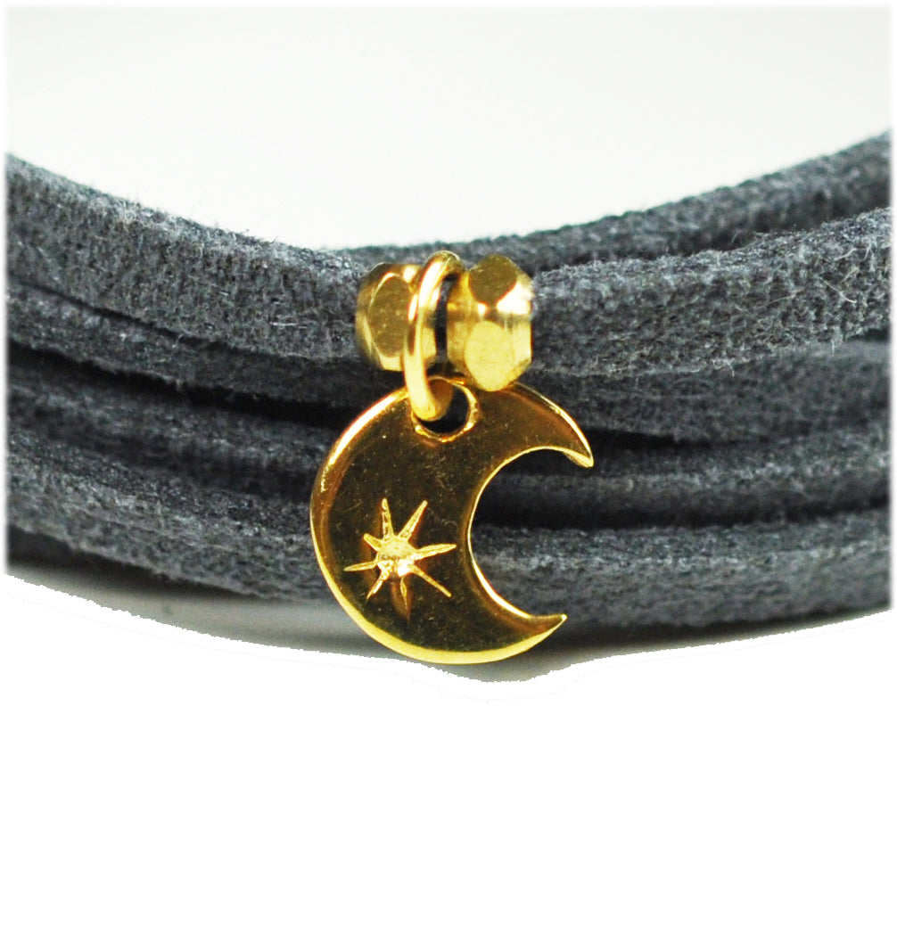 Gena Myint - Crescent Moon Grey Suede Wrap Bracelet / Necklace -