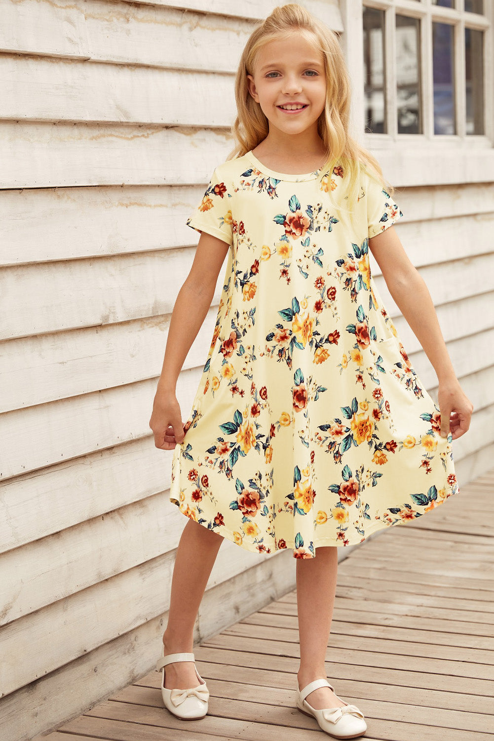 Girls Floral Round Neck Short Sleeve Dress with Pockets - T - 4 SIZES - 2 COLORS -