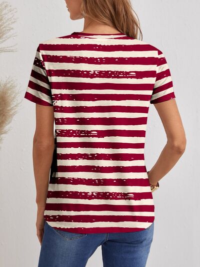 Striped V-Neck Short Sleeve T-Shirt - T - 1 COLOR -