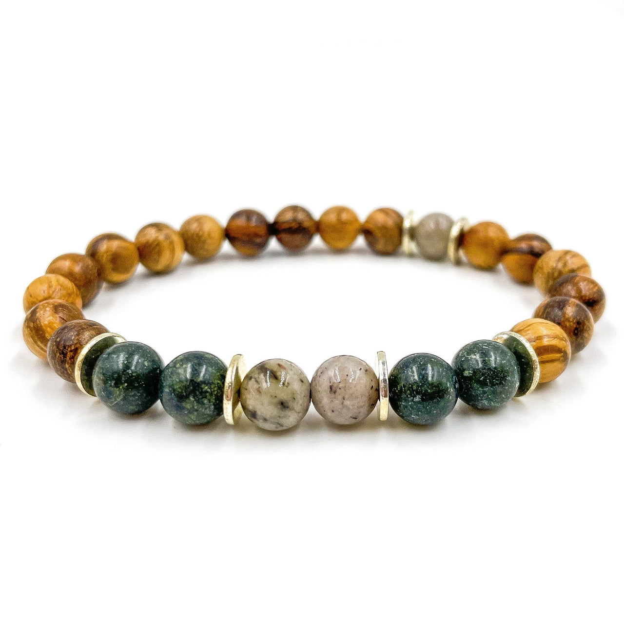 Central Premium - Gray Feldspar, Serpentine, & Sandalwood Mala Beaded Bracelet -