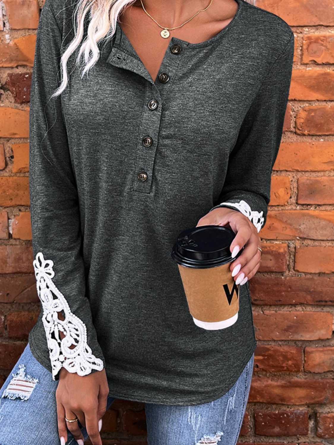 Spliced Lace Half Button Long Sleeve T-Shirt - T - 1 COLOR -