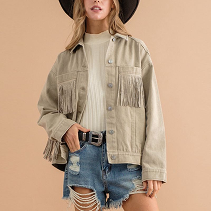 Fringe Detail Dropped Shoulder Denim Jacket - T - 3 COLORS -