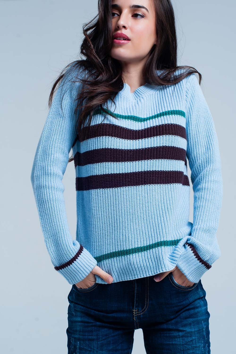 Q2 - Blue Rib Stitch Sweater With Stripes - 1 COLOR -