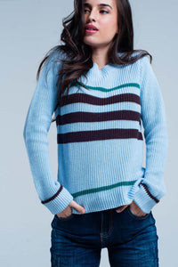 Thumbnail for Q2 - Blue Rib Stitch Sweater With Stripes - 1 COLOR -