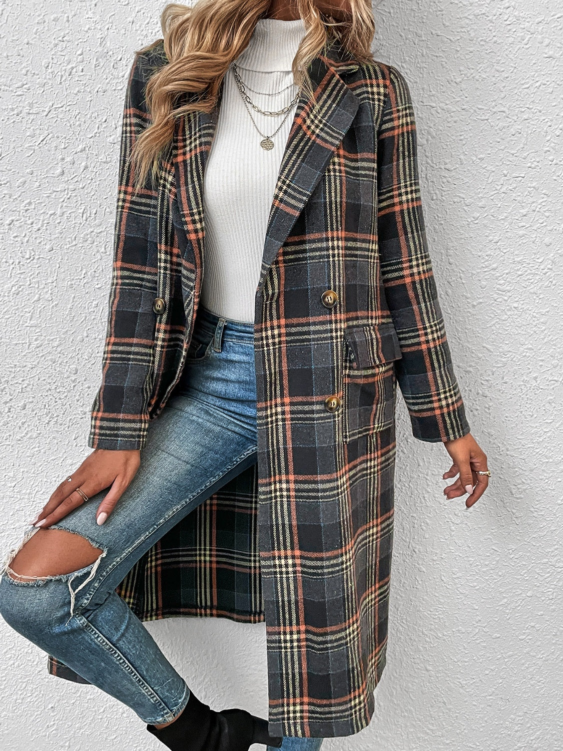 Plaid Lapel Collar Trench Coat Jacket - K - 1 COLOR -