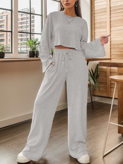 Ribbed Round Neck Top and Drawstring Pants Set - 2 PCS. - T - 7 COLORS -