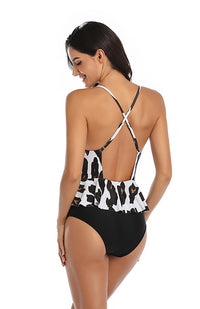 Thumbnail for Women's Backless Print Ruffle One-Piece Swimsuit - K - 2 COLOR SCHEMES -