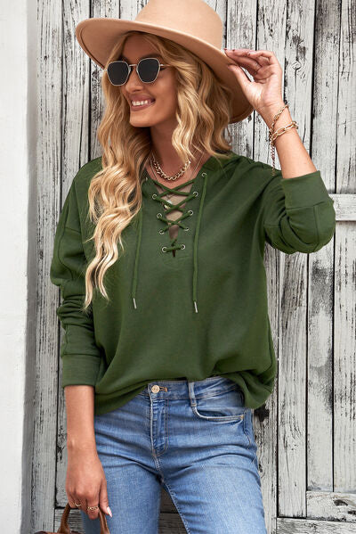 Lace-Up Dropped Shoulder Hoodie - T - 8 COLORS -