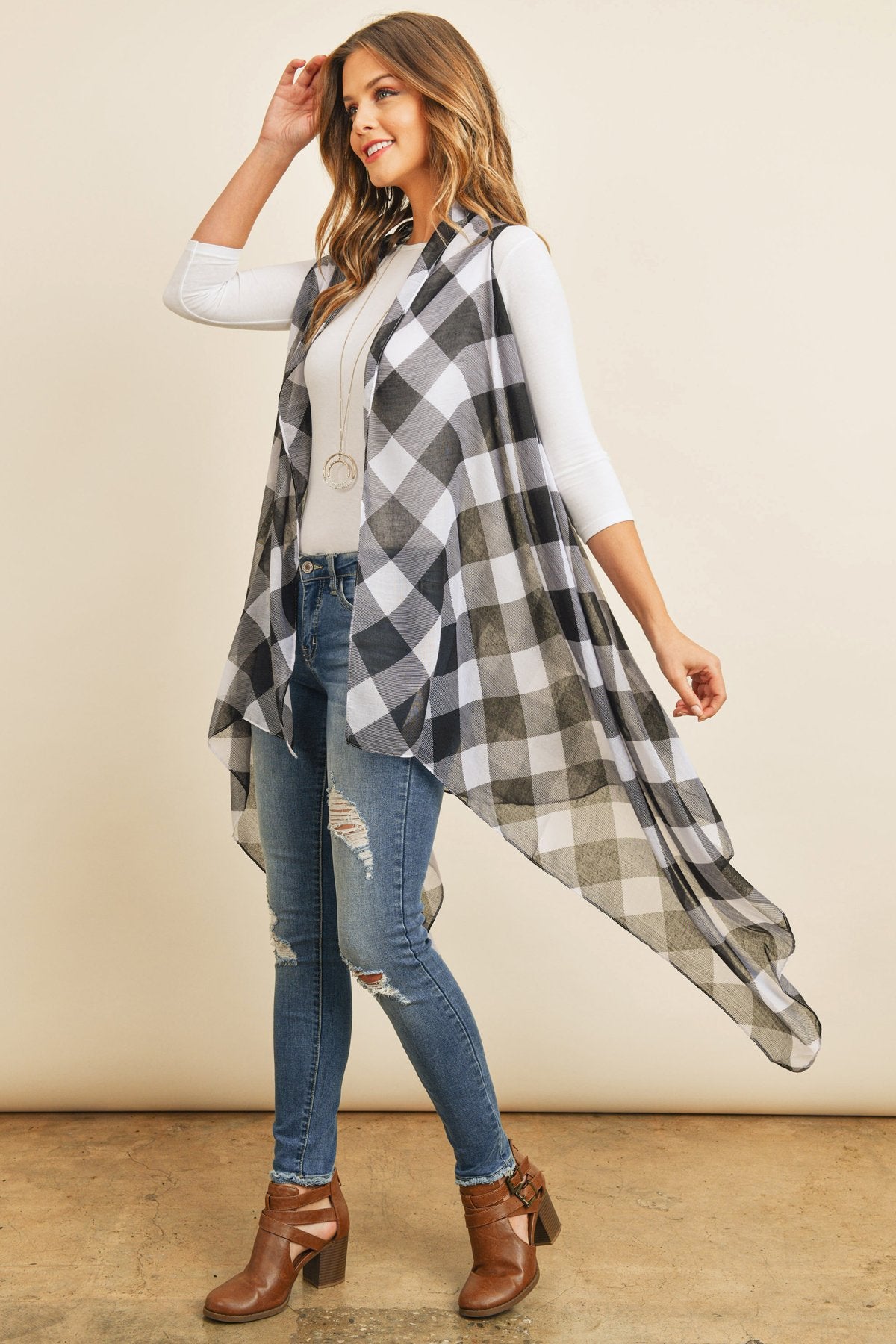 Riah Fashion - Black Plaid Knee Length Kimono Cardigan - 1 COLOR -