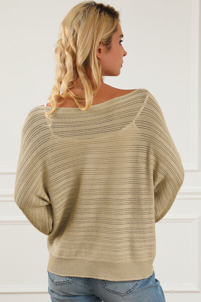 Openwork Boat Neck Lantern Sleeve Sweater - T - 4 COLORS -