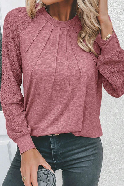 Heathered Round Neck Long Sleeve T-Shirt - T - 2 COLORS -