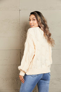 Thumbnail for Woven Right Cable-Knit Openwork Round Neck Sweater - T - 6 COLORS -