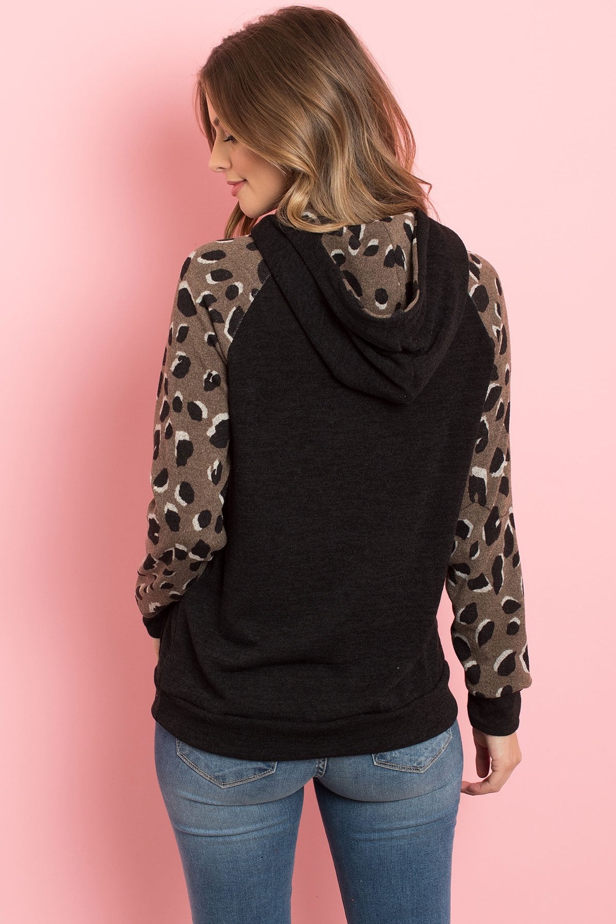 Riah Fashion - Self Tie Leopard Contrast Kangaroo Pocket Hoodie - 2 COLORS -