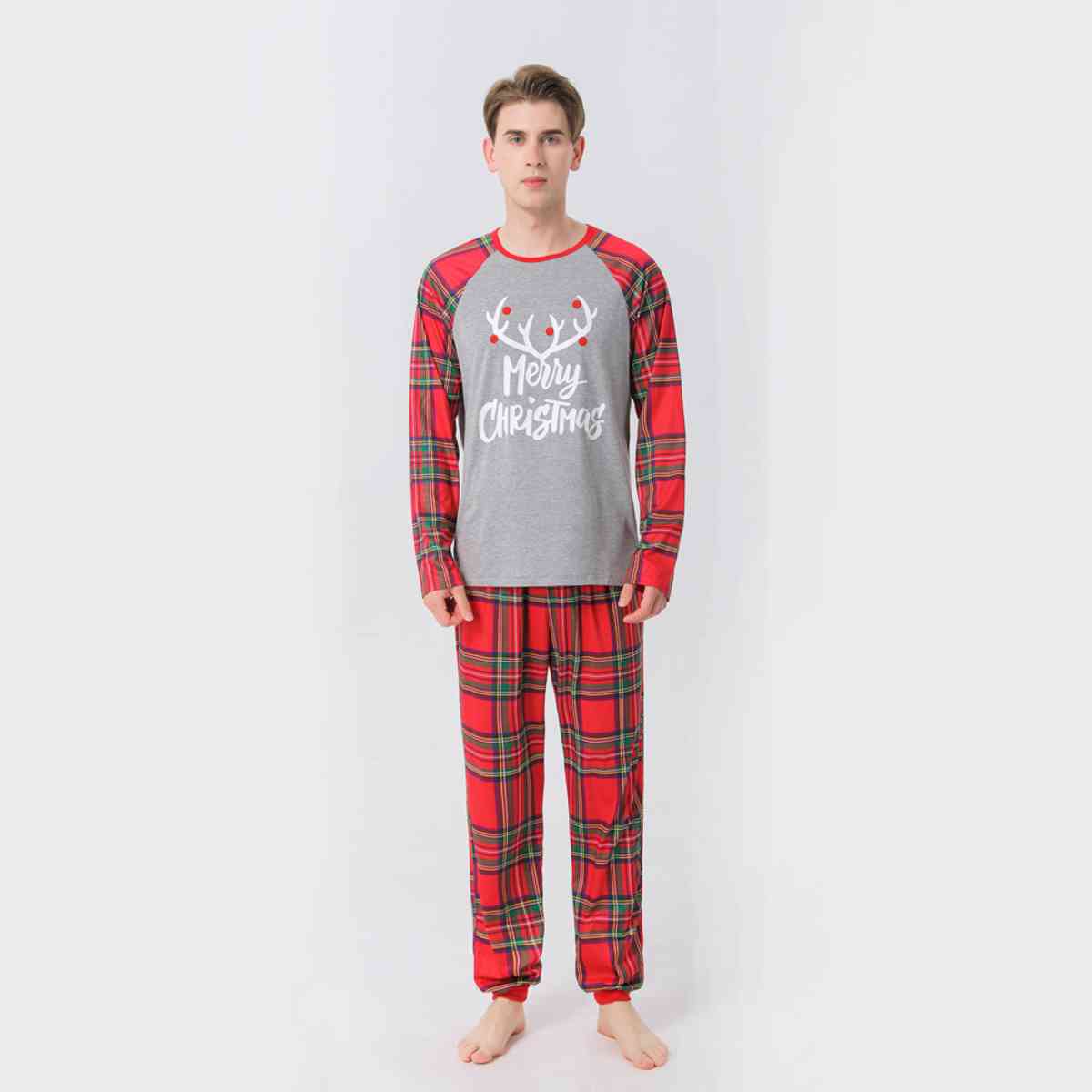 MEN MERRY CHRISTMAS Graphic Top and Plaid Pants Set - T -