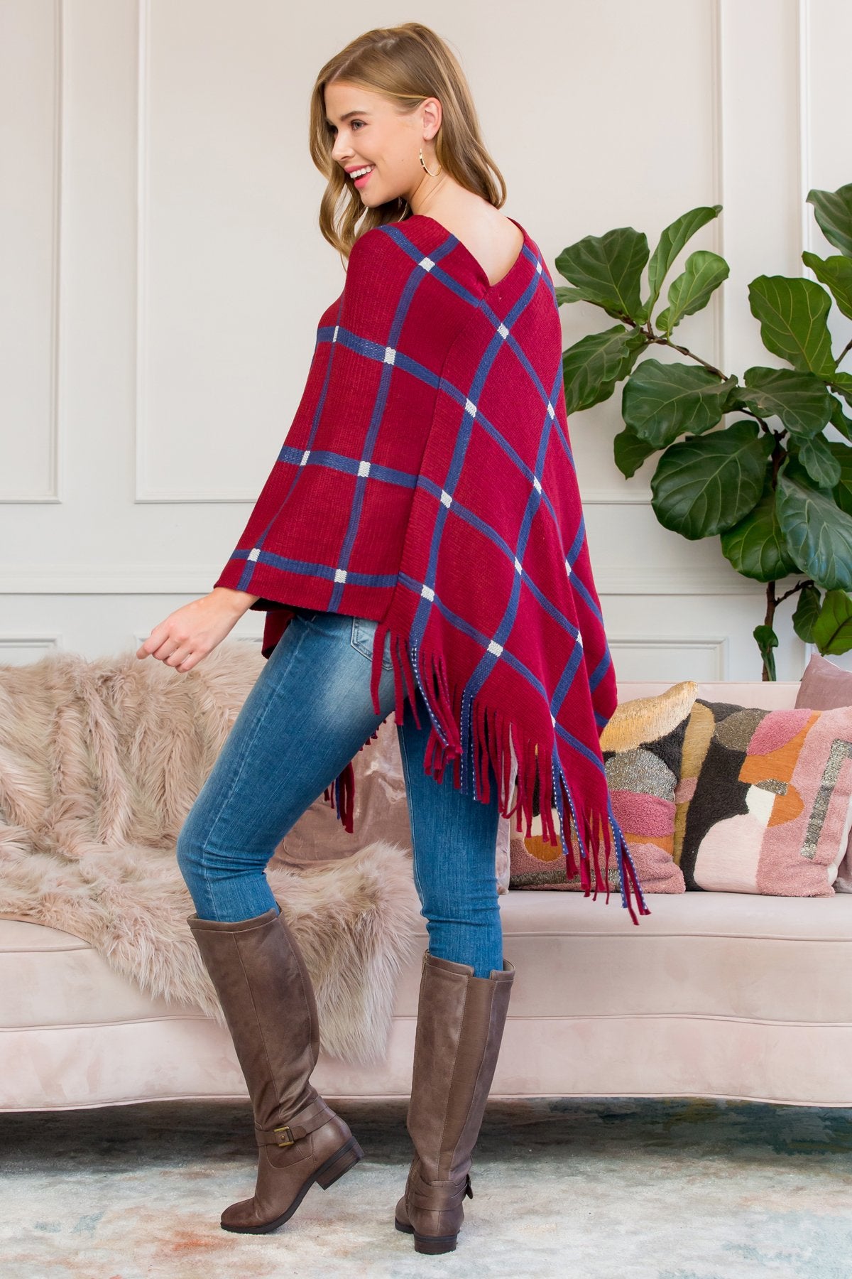 Riah Fashion - Burgundy Grid Lines Fringed Poncho - 1 COLOR -