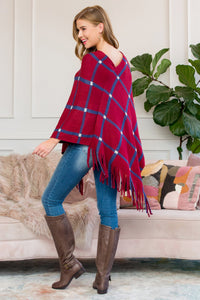 Thumbnail for Riah Fashion - Burgundy Grid Lines Fringed Poncho - 1 COLOR -