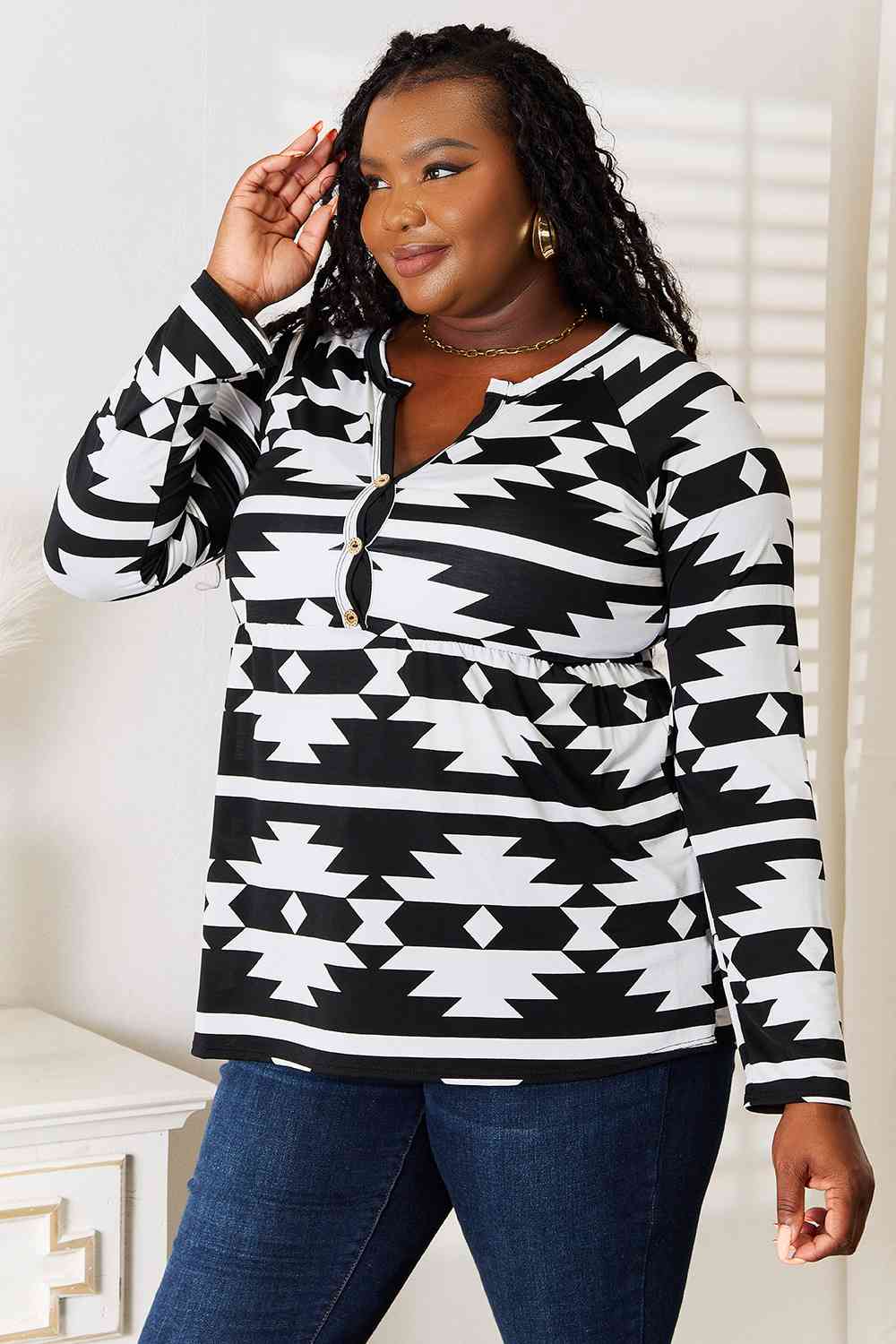 Heimish Full Size Geometric Notched Neck Long Sleeve Top - SIZES S THRU 3XL - T - 1 COLOR -