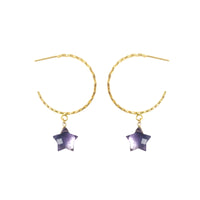 Thumbnail for Gena Myint - Amethyst Star Hammered Hoop Earrings -