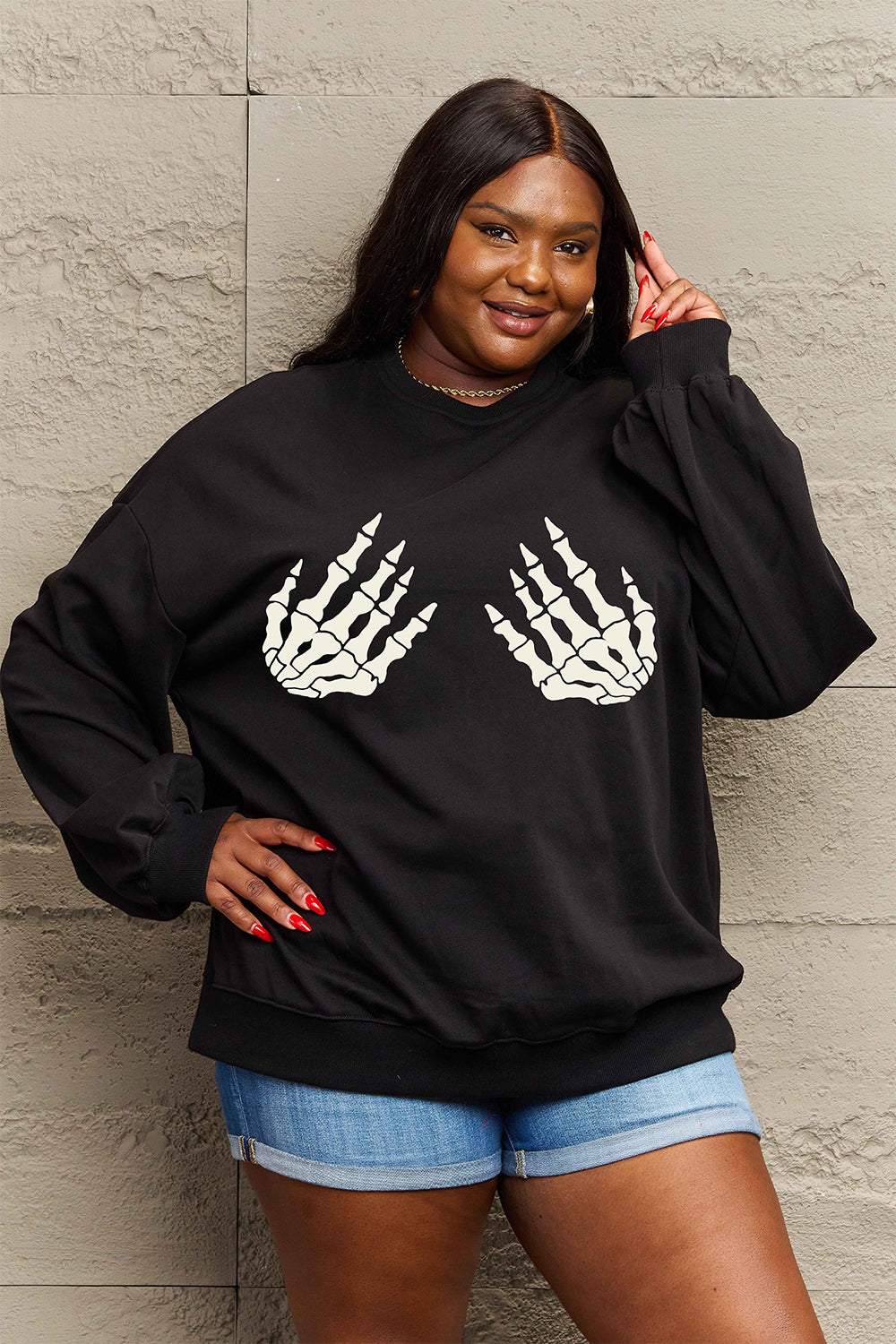 Simply Love Full Size Skeleton Hand Drop Shoulder Sweatshirt - S THRU 3XL - T - 1 COLOR -