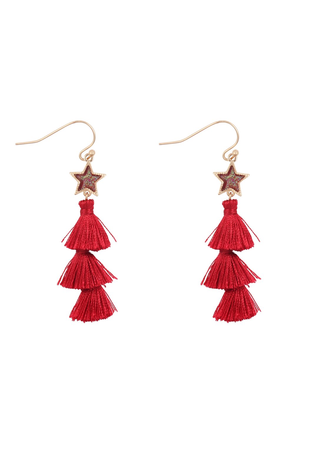 2“ Star Shape Faux Druzy With Triple Mini Tassel Hook Earrings - 8 COLORS -