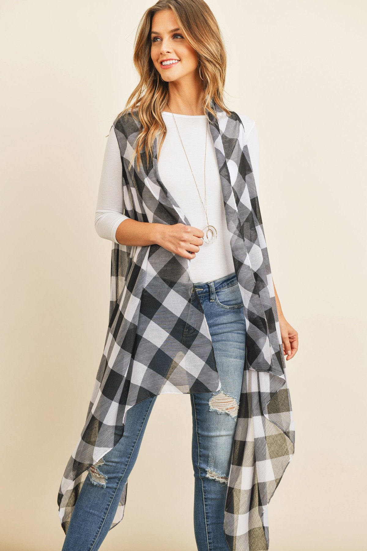 Riah Fashion - Black Plaid Knee Length Kimono Cardigan - 1 COLOR -