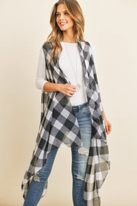 Thumbnail for Riah Fashion - Black Plaid Knee Length Kimono Cardigan - 1 COLOR -