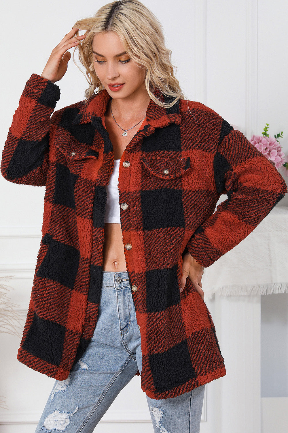 Plaid Button Down Coat with Pockets - T - 2 COLORS -