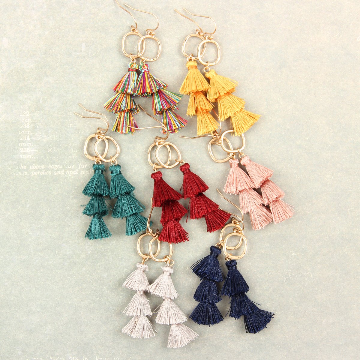 Three Drop Tassel With Metal Hook Earrings - 11 COLORS -