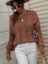 Thumbnail for Woven Right Cable-Knit Openwork Round Neck Sweater - T - 6 COLORS -