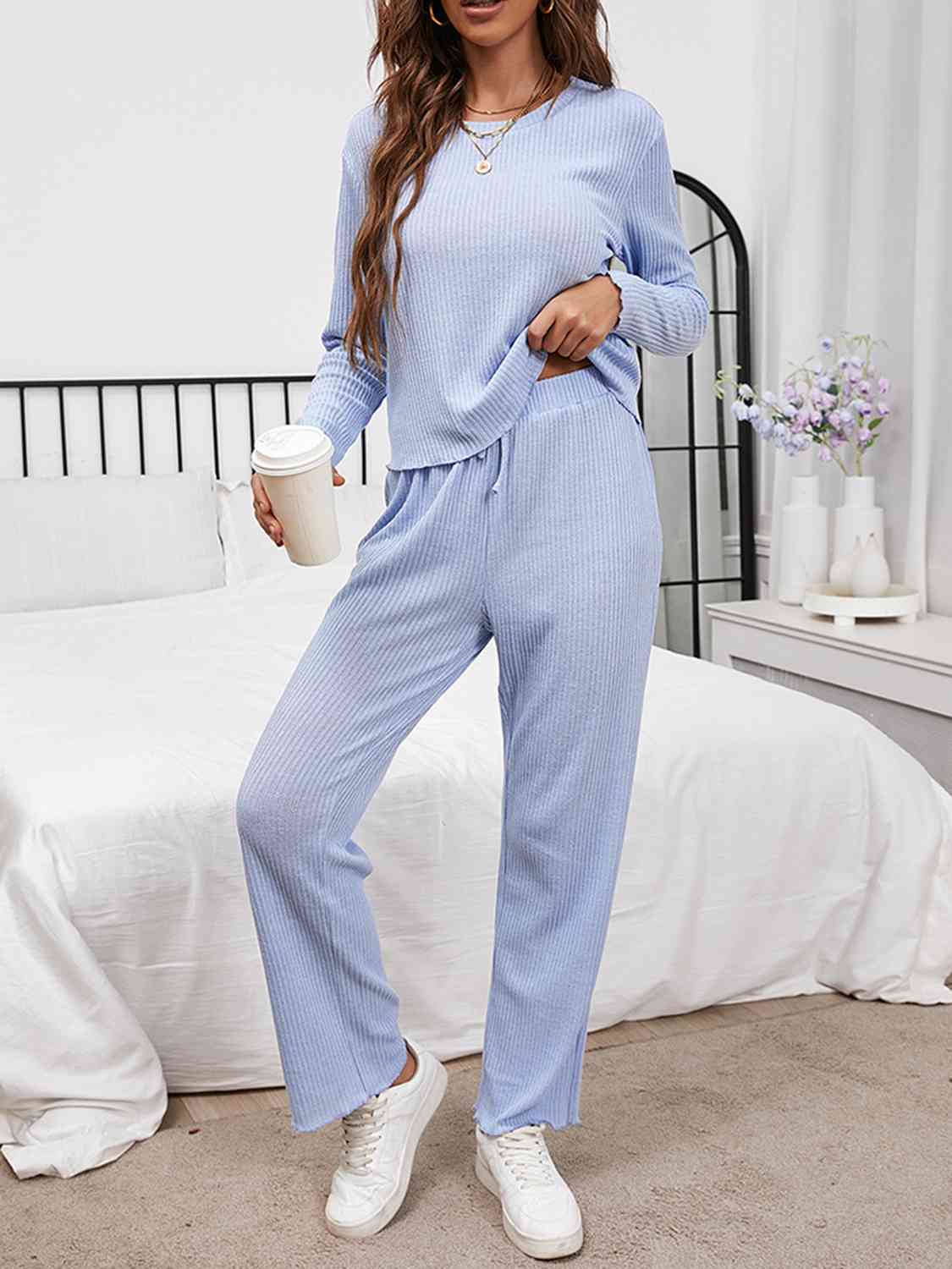 Round Neck Long Sleeve Top and Drawstring Pants Lounge Set - 2 PCS. - T - 3 COLORS -