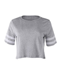 Thumbnail for Women's Short Sleeve Crewneck Baseball Varsity Stripe Crop Top Tee - 1 COLOR -